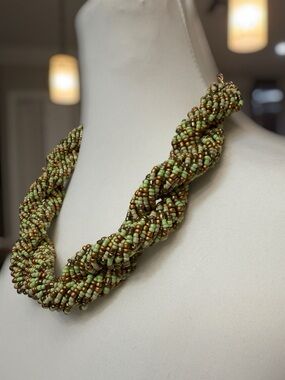 Chico's multi-strand Green and Gold Beaded Twist Necklace Statement